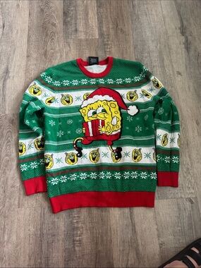 Green SpongeBob Holiday Crewneck Sweater with Red Trim